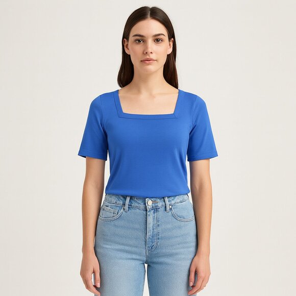 Akris Punto Square Neck Short Sleeve Cotton Shirt Blue Size 8 - Picture 1 of 4